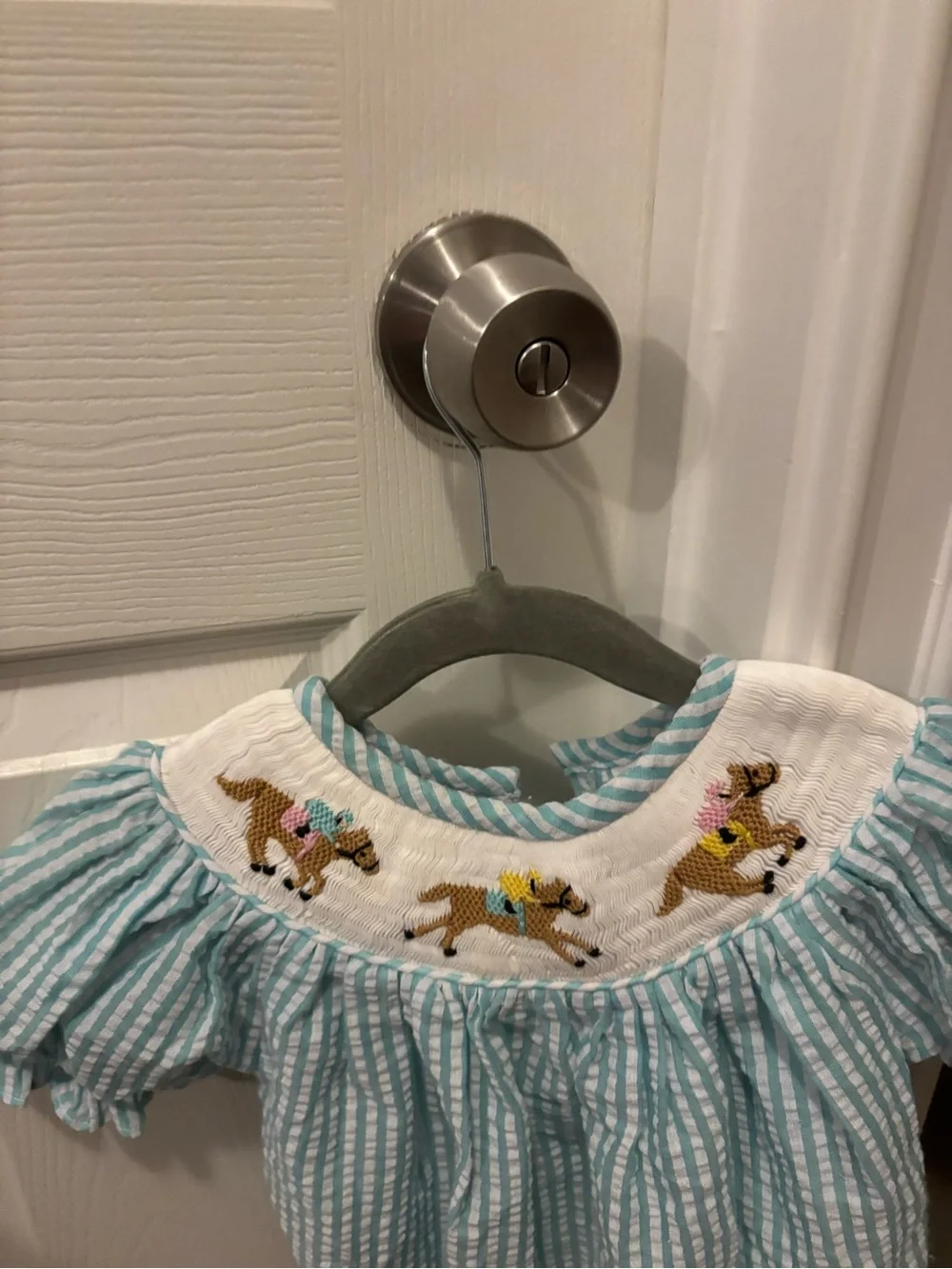 EUC Smocked Bubble with Horse Racing Embroidery
